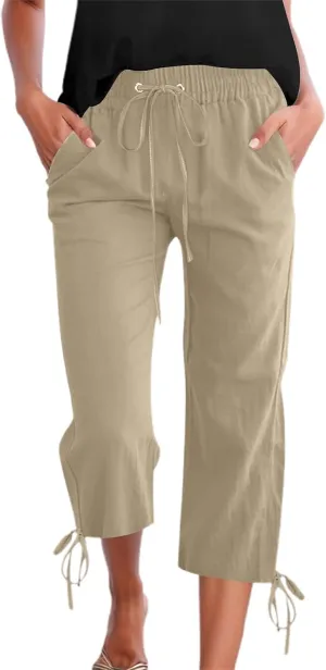 Capris Pants for Women Casual Summer 2025 Linen Straight Leg Cropped Trouser Drawstring Elastic Waist Beach Pants