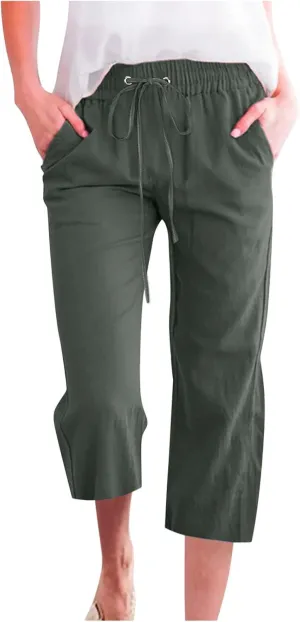 Capris Pants for Women Cotton Linen Casual Summer Straight Wide Leg Drawstring Elastic Waist Slimming Cropped Trouser
