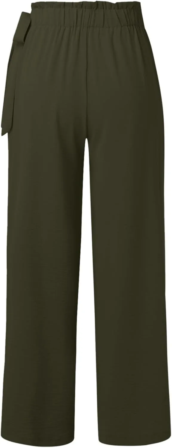 Cargo Pants Women Wide Leg Summer Trousers with Pockets Low Rise Cotton Linen, Petite Linen Pants for Women Baggy