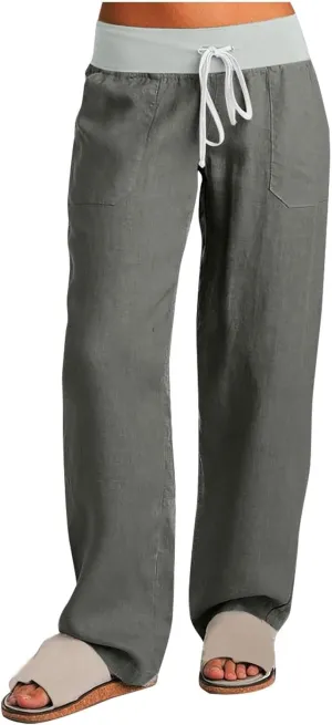 Cargo Pants Women with Flap Pockets High Waisted Side Tie Hem Straight Leg Drawstring Hiking Pants for Travel Joggers