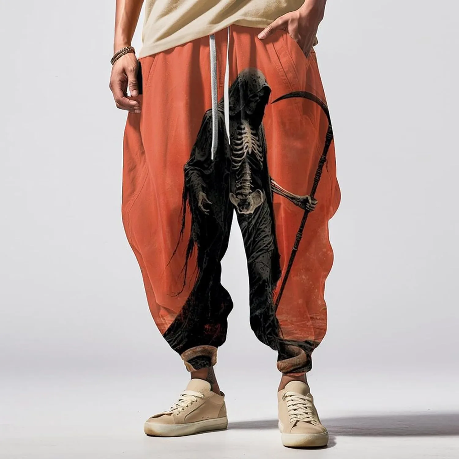Casual Elastic Waist Trouser Hippie Yoga Pants Men's Autumn Fun Print Fashion Street Feel Cotton Drawstring Cargo