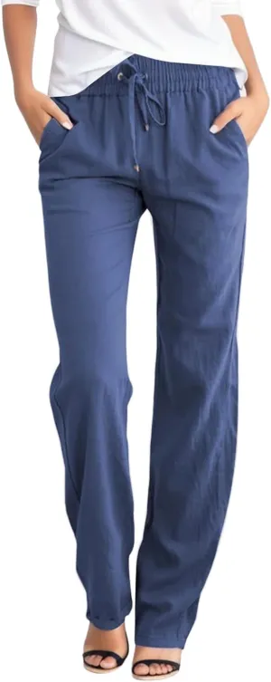 Casual Linen Pants Women Drawstring Elastic Waist Wide Leg Pants Summer Loose Travel Lounge Trousers with Pockets