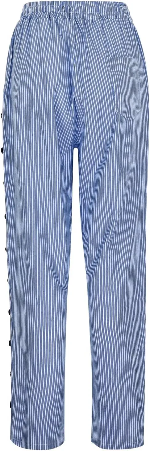 Casual Pants for Women Striped Side Button Elastic Waist Trendy Pants Straight Leg Lightweight Trousers with Pocket