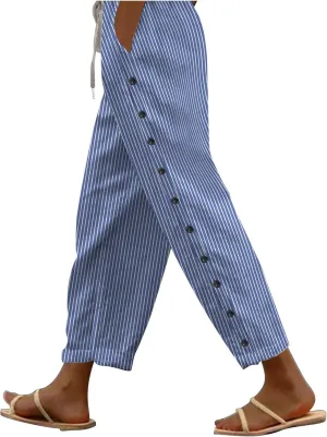 Casual Pants for Women Striped Side Button Elastic Waist Trendy Pants Straight Leg Lightweight Trousers with Pocket