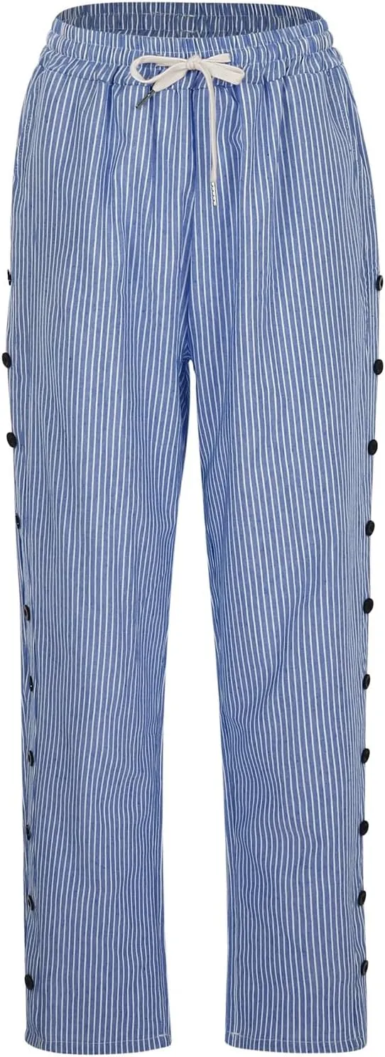 Casual Pants for Women Striped Side Button Elastic Waist Trendy Pants Straight Leg Lightweight Trousers with Pocket
