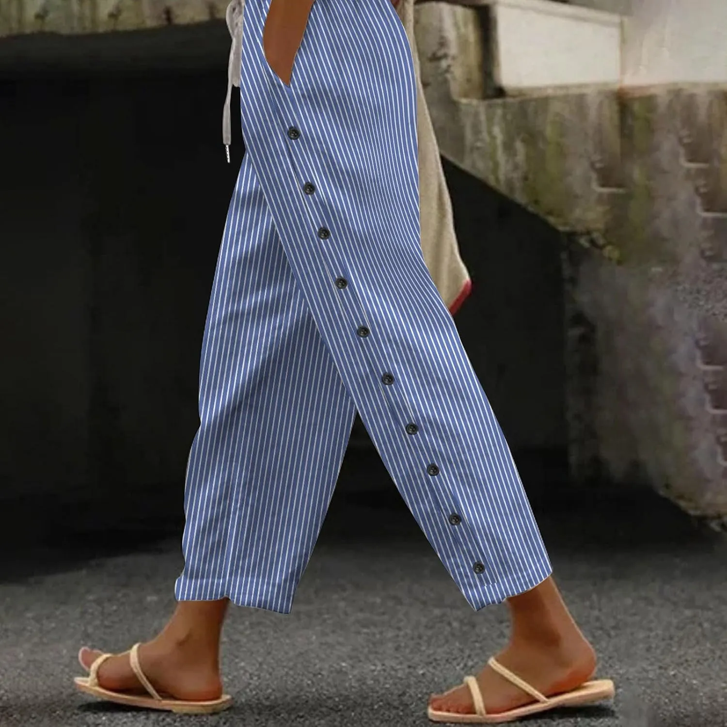 Casual Pants for Women Striped Side Button Elastic Waist Trendy Pants Straight Leg Lightweight Trousers with Pocket