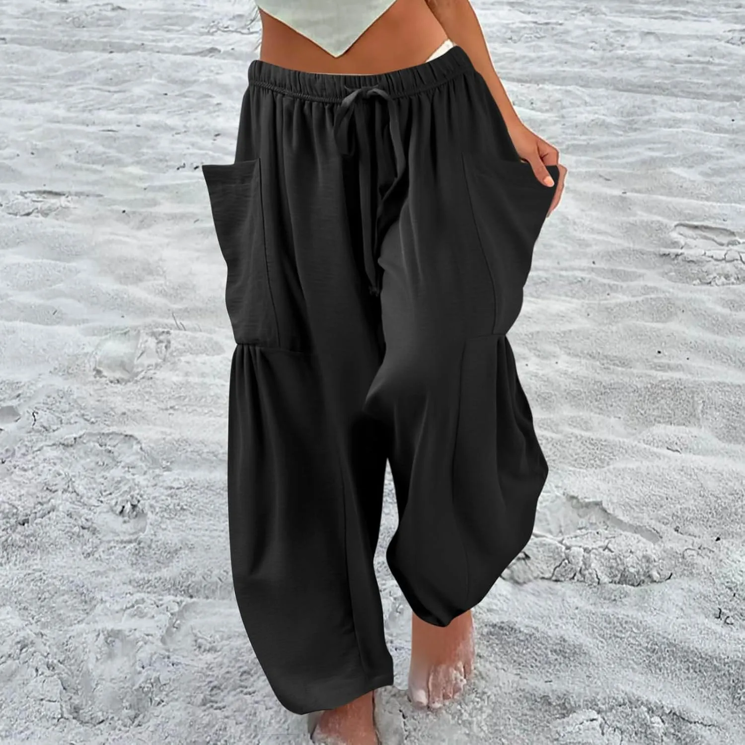 Casual Pants for Women Summer Wide Leg High Waisted Casual Boho Pants Trendy Beach Palazzo Harem Clothes with Pockets