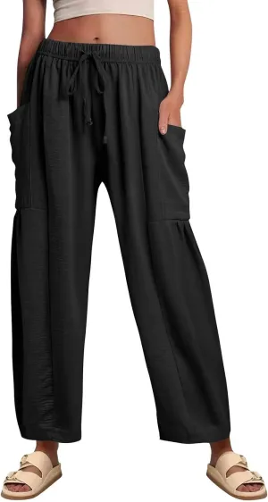 Casual Pants for Women Summer Wide Leg High Waisted Casual Boho Pants Trendy Beach Palazzo Harem Clothes with Pockets