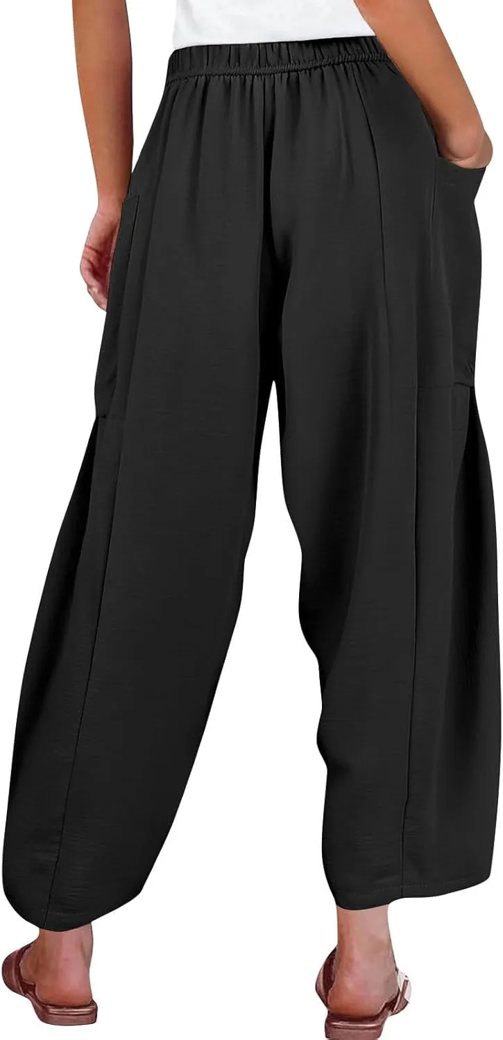 Casual Pants for Women Summer Wide Leg High Waisted Casual Boho Pants Trendy Beach Palazzo Harem Clothes with Pockets