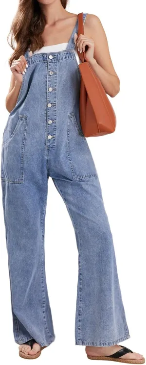 CHARTOU Casual Denim Jumpsuit for Women Overalls Wide Leg Jumpsuit Jeans Denim Bib Overalls Dungaree Pockets