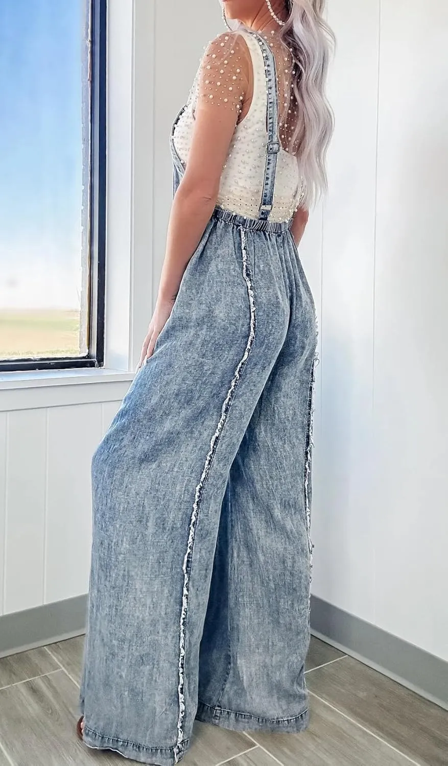 CHARTOU Women Loose Fit Denim Jumpsuit Adjustable Straps Wide Leg Long Pants Frayed Jean Overalls