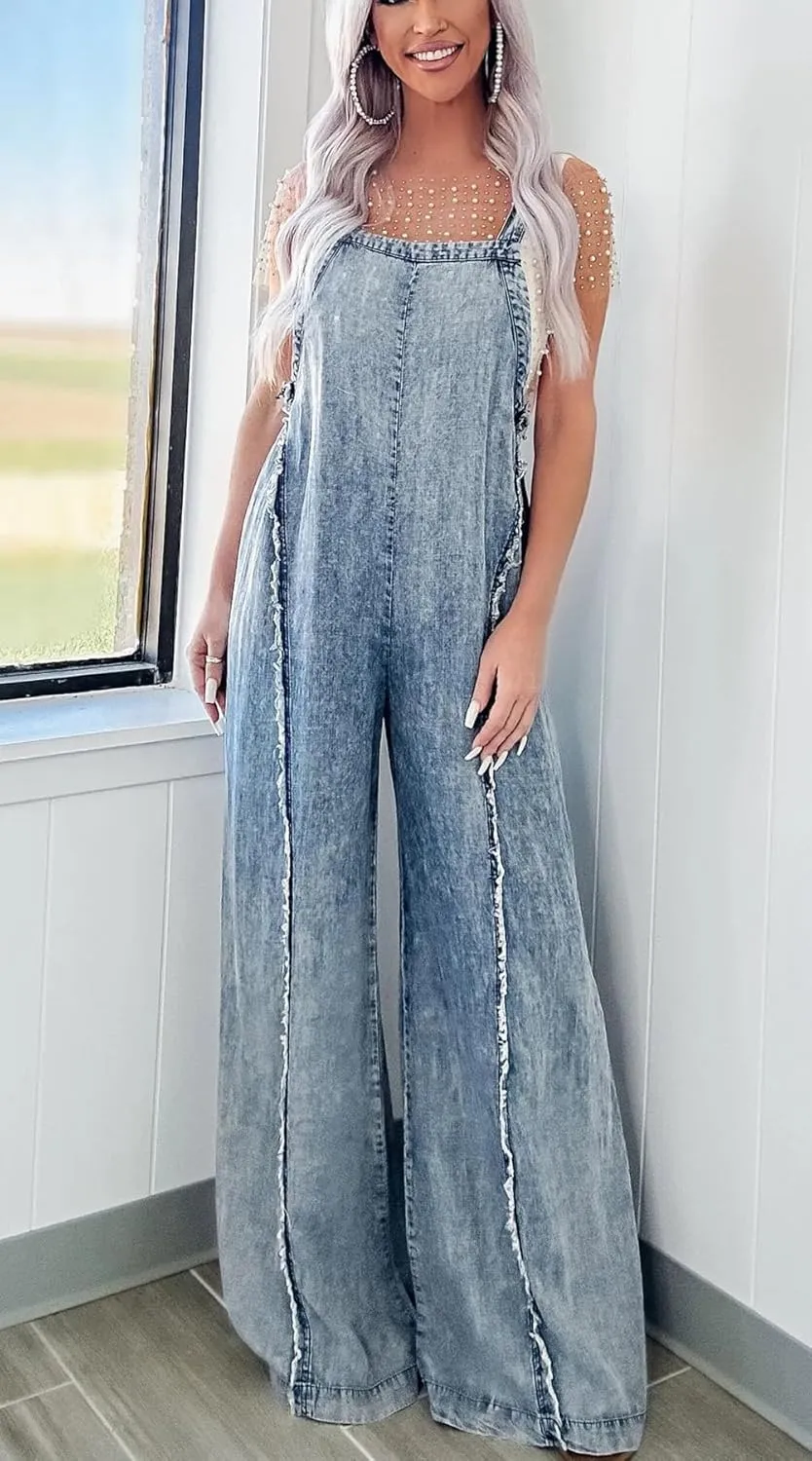 CHARTOU Women Loose Fit Denim Jumpsuit Adjustable Straps Wide Leg Long Pants Frayed Jean Overalls