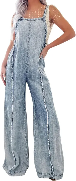 CHARTOU Women Loose Fit Denim Jumpsuit Adjustable Straps Wide Leg Long Pants Frayed Jean Overalls