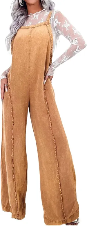 CHARTOU Women Loose Fit Denim Jumpsuit Adjustable Straps Wide Leg Long Pants Frayed Jean Overalls