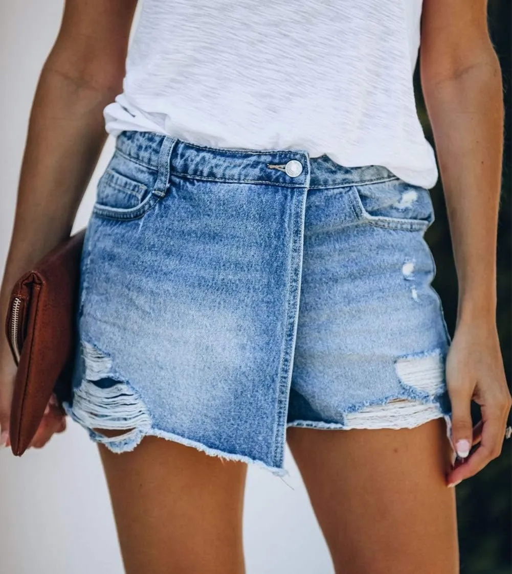 CHARTOU Women's High Waist Distressed Frayed Wrap Mini Denim Skort Shorts