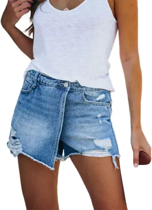 CHARTOU Women's High Waist Distressed Frayed Wrap Mini Denim Skort Shorts
