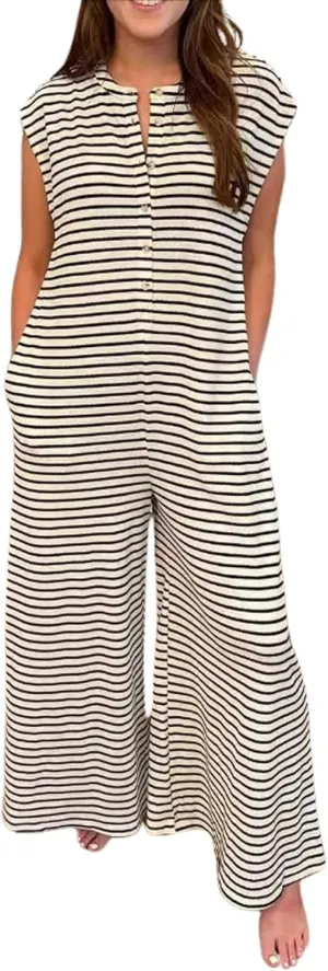 CHARTOU Women's Summer Loose Stripes Overalls Cap Sleeve One Piece Jumpsuit Buttons Wide Leg Pants Romper
