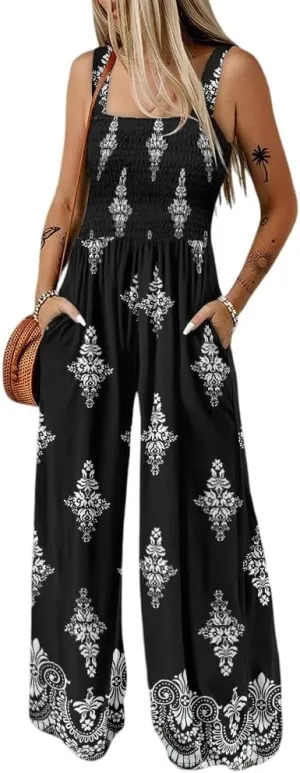 ChicMe Women's Casual Loose Overalls Jumpsuits Floral One Piece Square Neck Shirred Pants with Pockets