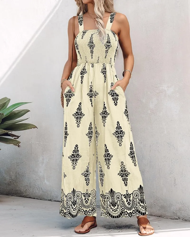 ChicMe Women's Casual Loose Overalls Jumpsuits Floral One Piece Square Neck Shirred Pants with Pockets