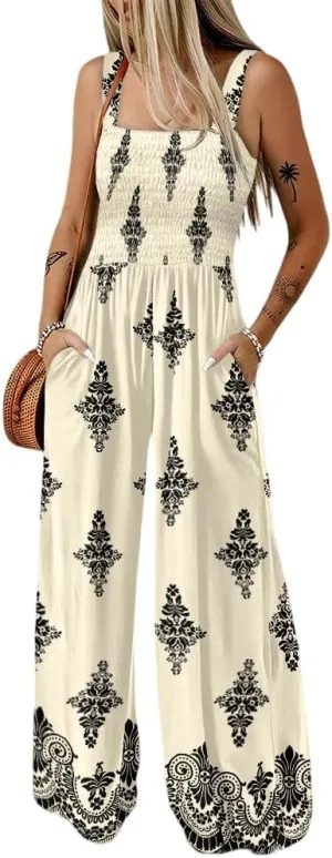 ChicMe Women's Casual Loose Overalls Jumpsuits Floral One Piece Square Neck Shirred Pants with Pockets