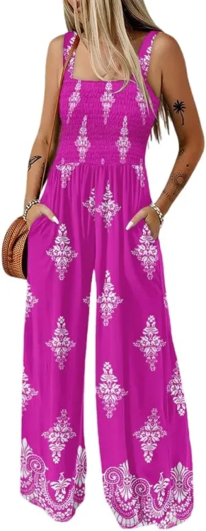 ChicMe Women's Casual Loose Overalls Jumpsuits Floral One Piece Square Neck Shirred Pants with Pockets