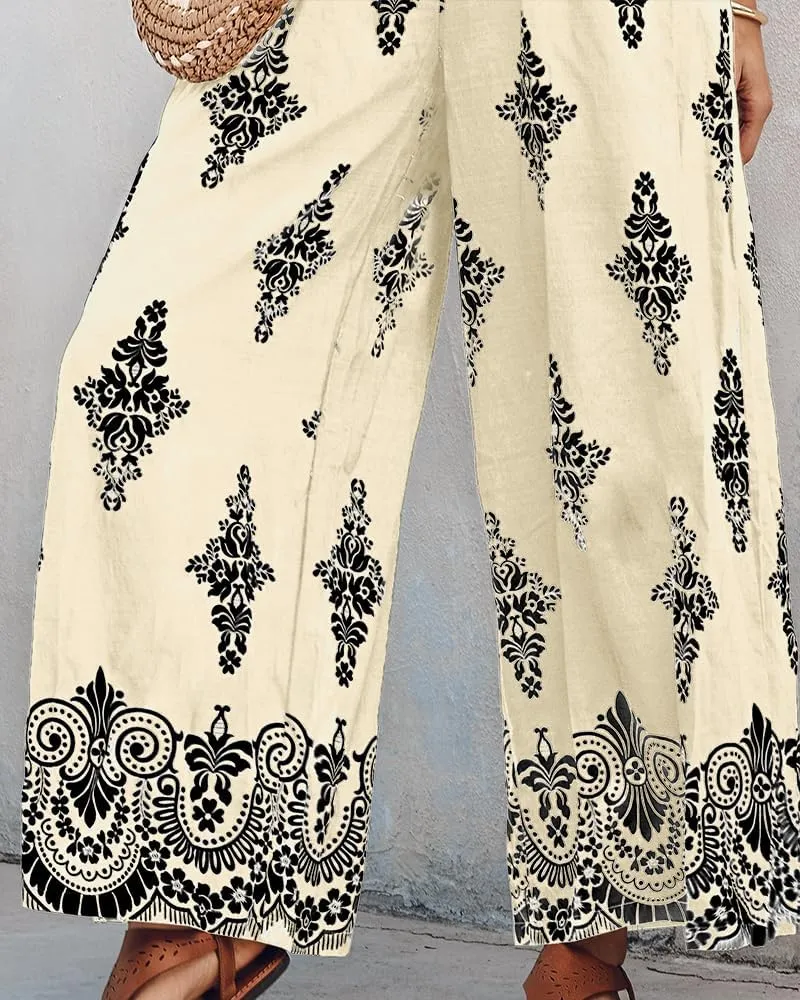 ChicMe Women's Casual Loose Overalls Jumpsuits Floral One Piece Square Neck Shirred Pants with Pockets