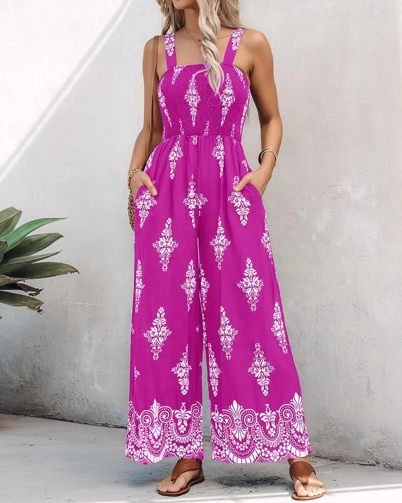 ChicMe Women's Casual Loose Overalls Jumpsuits Floral One Piece Square Neck Shirred Pants with Pockets