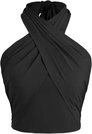 CIDER Cross Halter Shirred Back Crop Top