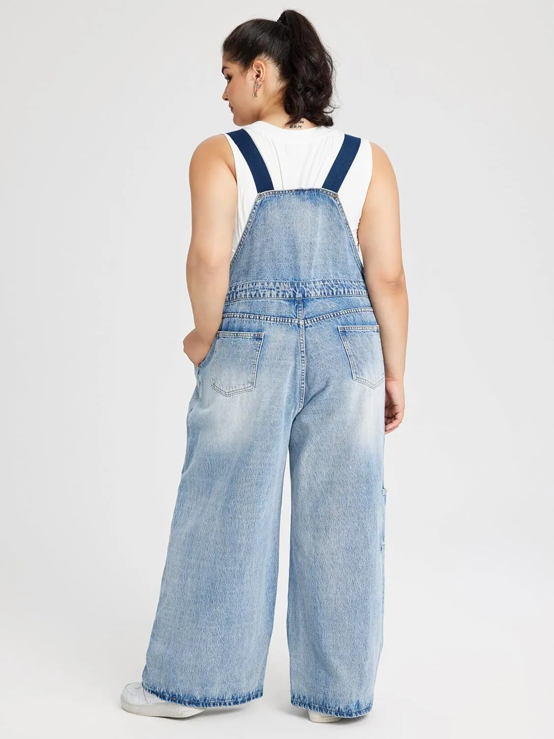 CIDER Womens Plus Size Denim Overall Bib Wide Leg Adjustable Strap Jean Jumpsuits with Pockets