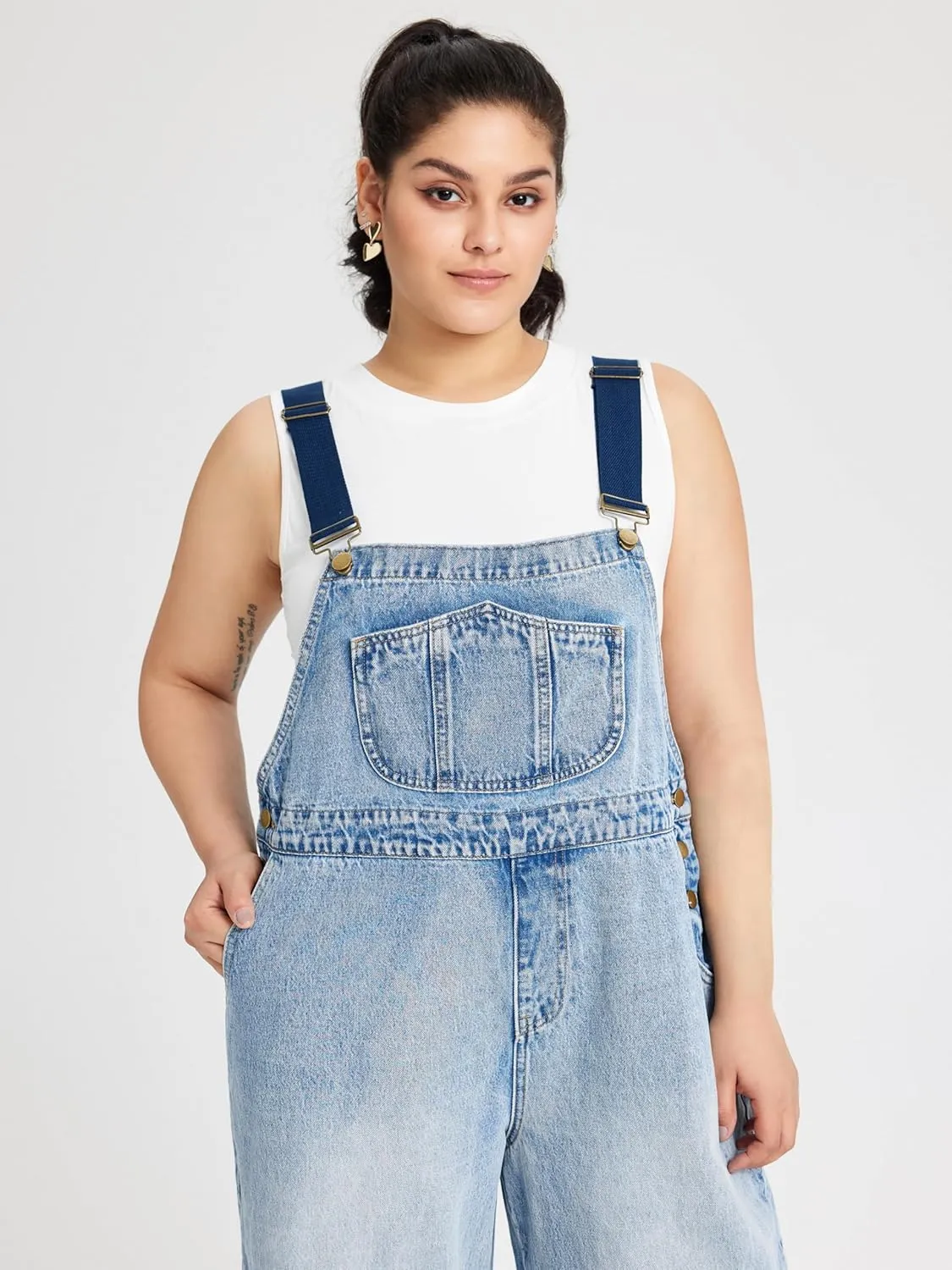 CIDER Womens Plus Size Denim Overall Bib Wide Leg Adjustable Strap Jean Jumpsuits with Pockets