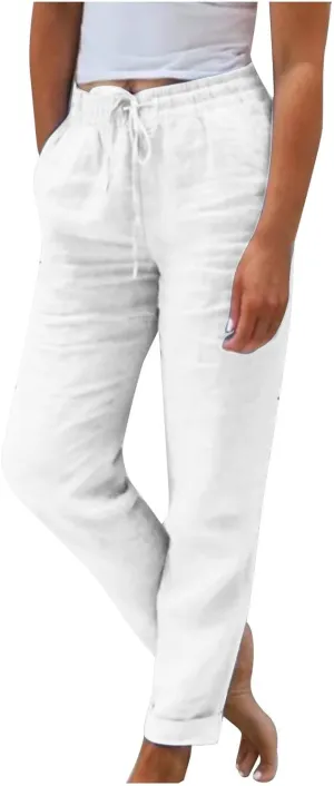 Cotton Linen Cropped Pants for Women Fashion Drawstring Solid Pant Boho Beach Comfy Slacks 2025 Summer Travel Clothes