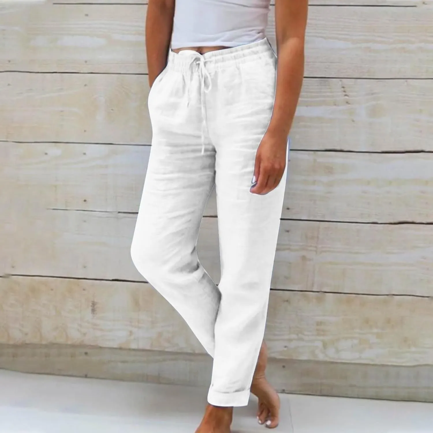 Cotton Linen Cropped Pants for Women Fashion Drawstring Solid Pant Boho Beach Comfy Slacks 2025 Summer Travel Clothes