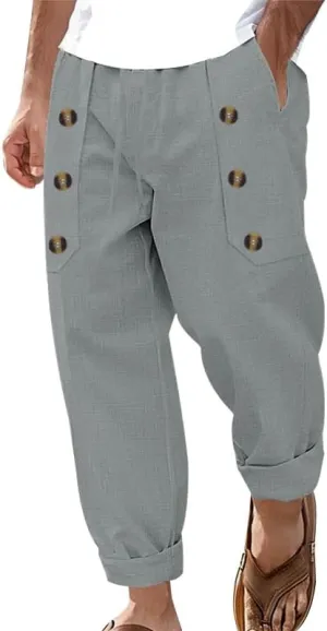 Cotton Linen Pants for Men Button Straight Wide Leg Casual Loose Fit Lightweight Solid Pants Outdoor Beach Trousers