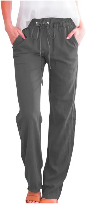 Cotton Linen Pants for Women Casual Straight Leg Pants with Pockets Summer Elastic Waist Trousers Vacation Clothes