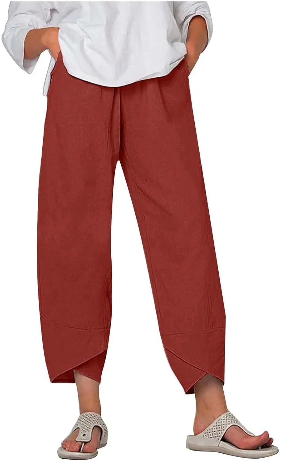 Cotton Linen Pants for Women High Waist Casual Wide Leg Pants Fashion Solid Loose Lounge Trousers with Pockets
