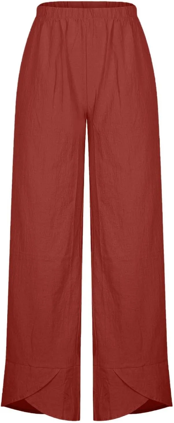 Cotton Linen Pants for Women High Waist Casual Wide Leg Pants Fashion Solid Loose Lounge Trousers with Pockets