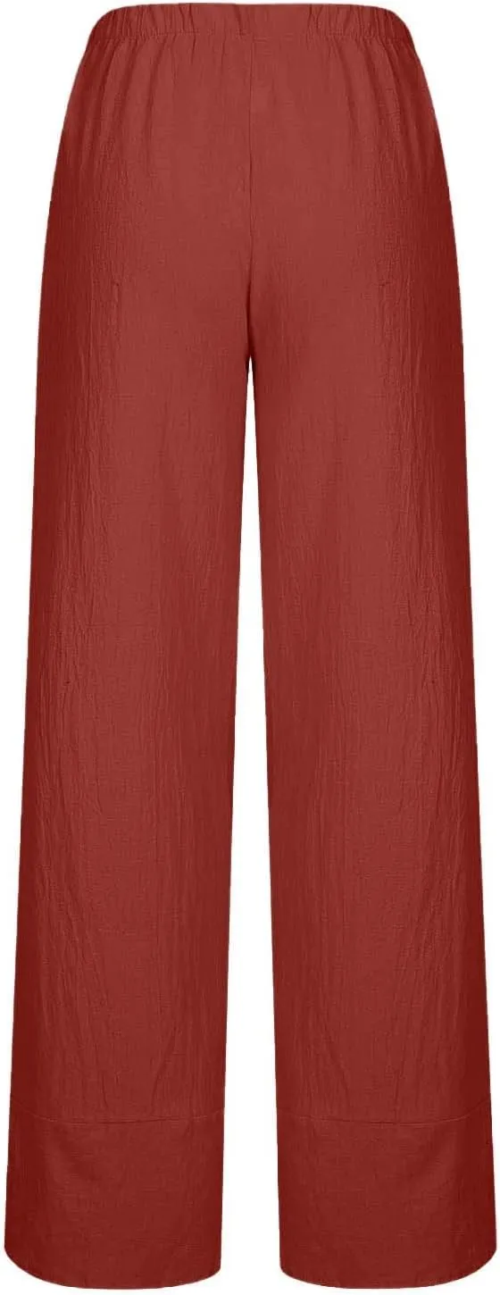 Cotton Linen Pants for Women High Waist Casual Wide Leg Pants Fashion Solid Loose Lounge Trousers with Pockets