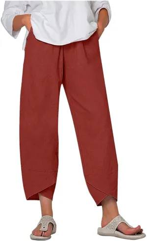 Cotton Linen Pants for Women High Waist Casual Wide Leg Pants Fashion Solid Loose Lounge Trousers with Pockets