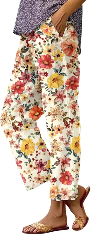 Cotton Linen Pants for Women Summer Retro Floral Cropped Elastic Waist Wide Leg Boho Beach Trouser with Pockets