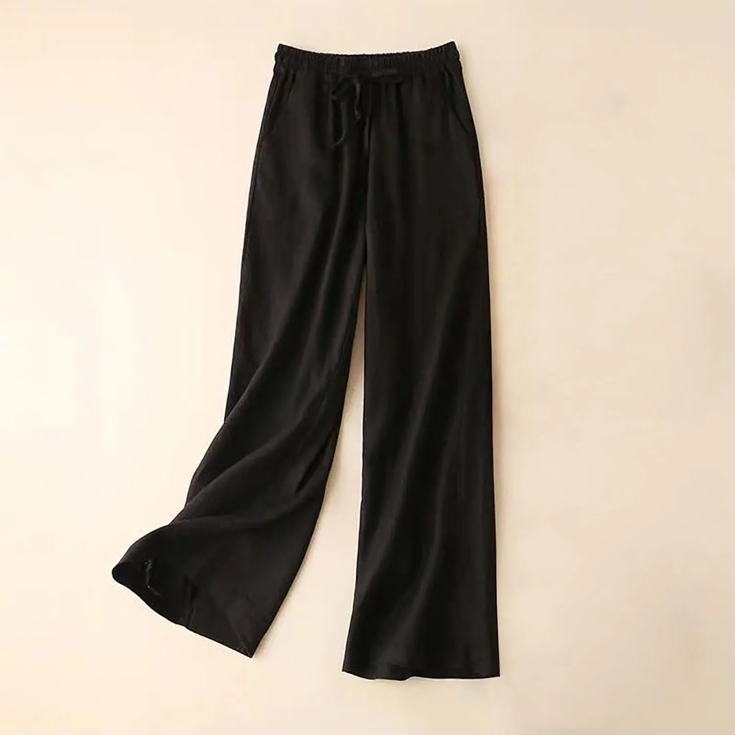 Cotton Linen Pants Women Casual Drawstring Elastic Waist Straight Leg Trousers Solid Color Lounge Pocket Pants