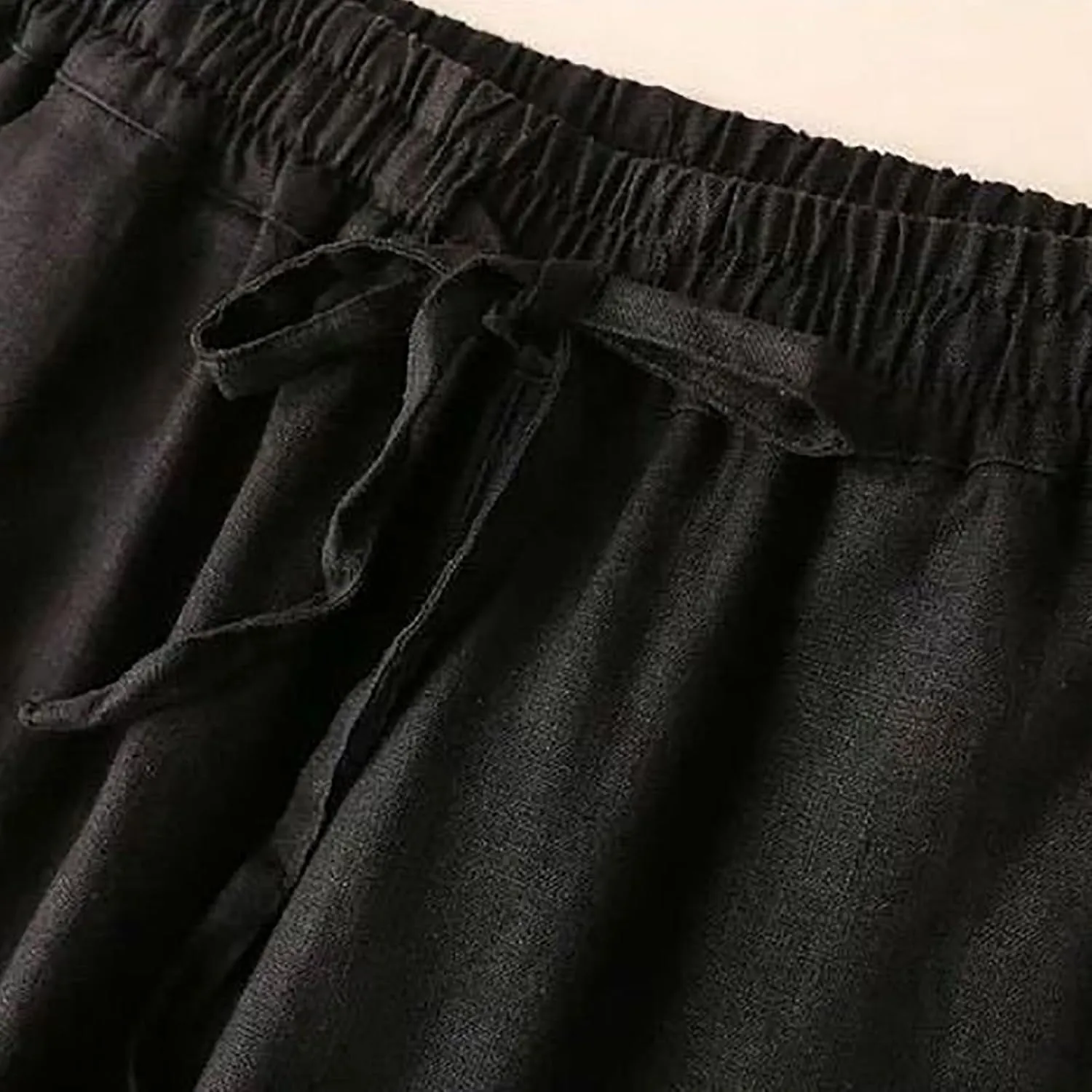 Cotton Linen Pants Women Casual Drawstring Elastic Waist Straight Leg Trousers Solid Color Lounge Pocket Pants