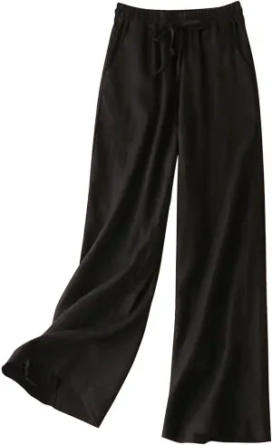 Cotton Linen Pants Women Casual Drawstring Elastic Waist Straight Leg Trousers Solid Color Lounge Pocket Pants