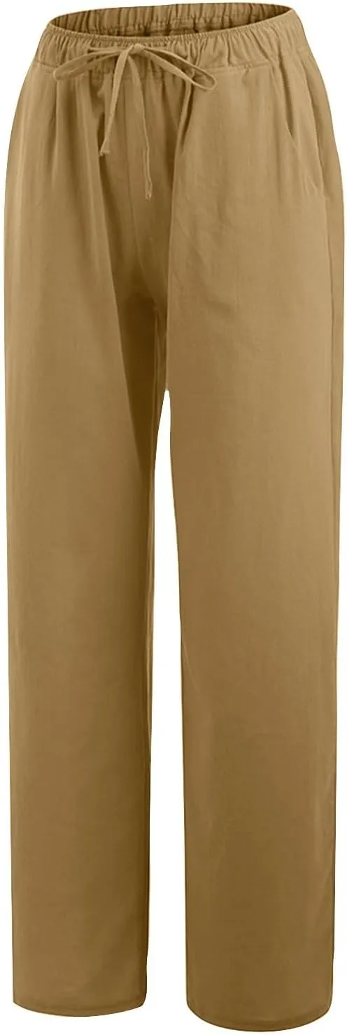 Cotton Linen Pants Women Summer Casual Loose Drawstring Pant Wide Leg High Waist Trousers Lounge Beach Slacks Outfits