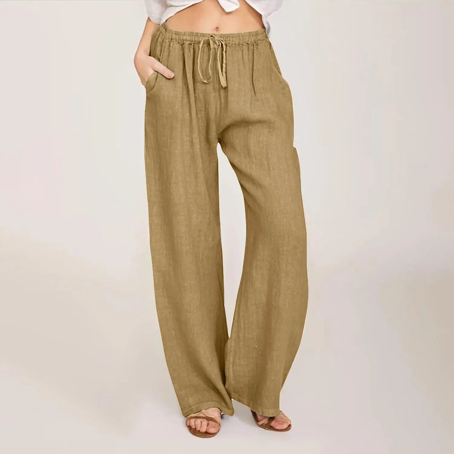 Cotton Linen Pants Women Summer Casual Loose Drawstring Pant Wide Leg High Waist Trousers Lounge Beach Slacks Outfits
