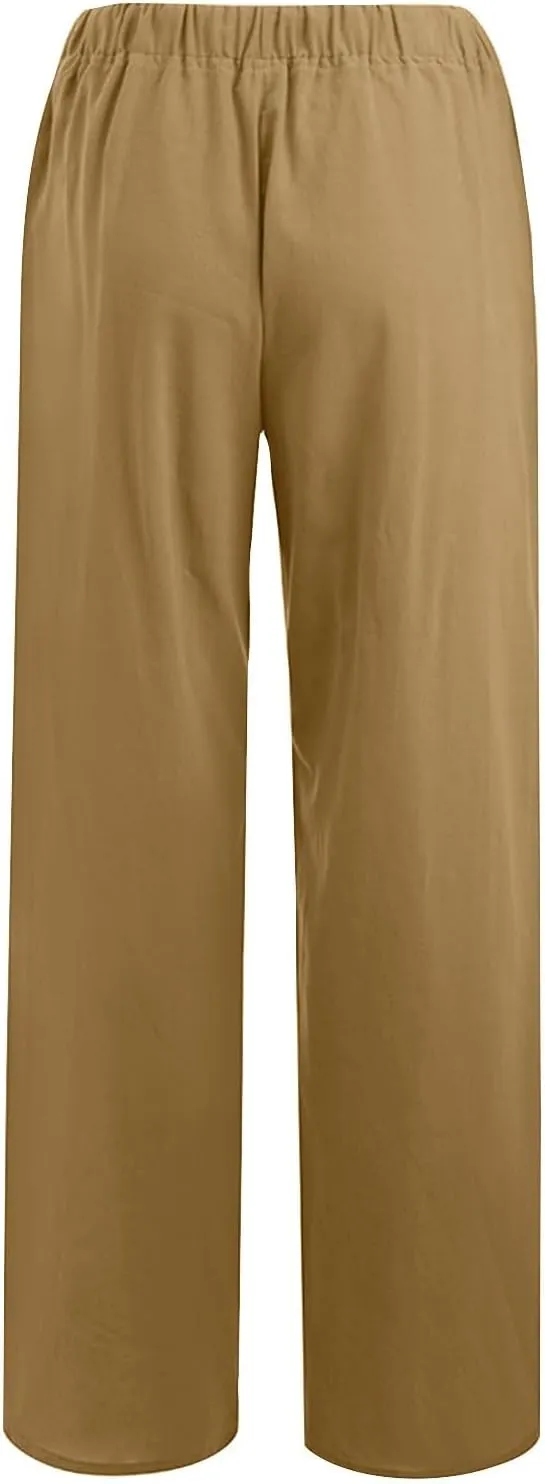Cotton Linen Pants Women Summer Casual Loose Drawstring Pant Wide Leg High Waist Trousers Lounge Beach Slacks Outfits
