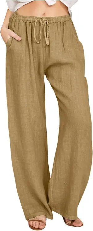 Cotton Linen Pants Women Summer Casual Loose Drawstring Pant Wide Leg High Waist Trousers Lounge Beach Slacks Outfits