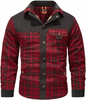 Cotton Warm Jackets for Men Long Sleeve Stand Collar Button Fur Outerwear Winter Casual Plaid Padded Insulated Coat