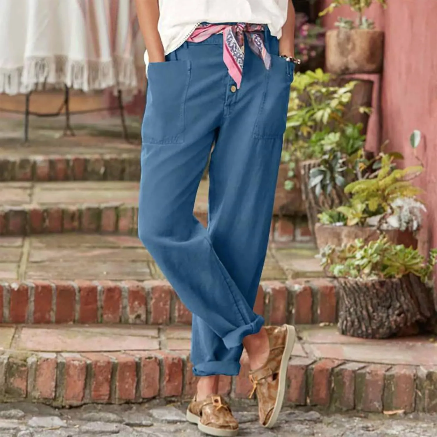 Cropped Linen Pants Women Summer Elastic Waist Plus Size Capri Pants Casual Baggy Straight Leg Pants with Pockets