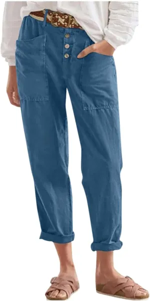 Cropped Linen Pants Women Summer Elastic Waist Plus Size Capri Pants Casual Baggy Straight Leg Pants with Pockets
