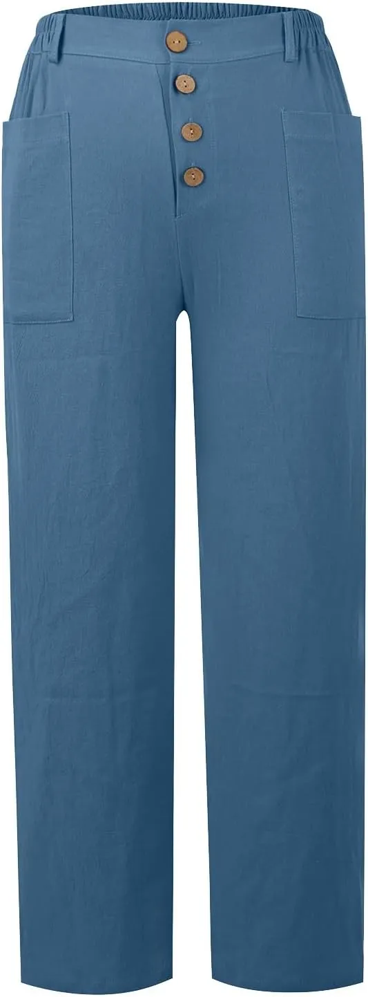 Cropped Linen Pants Women Summer Elastic Waist Plus Size Capri Pants Casual Baggy Straight Leg Pants with Pockets